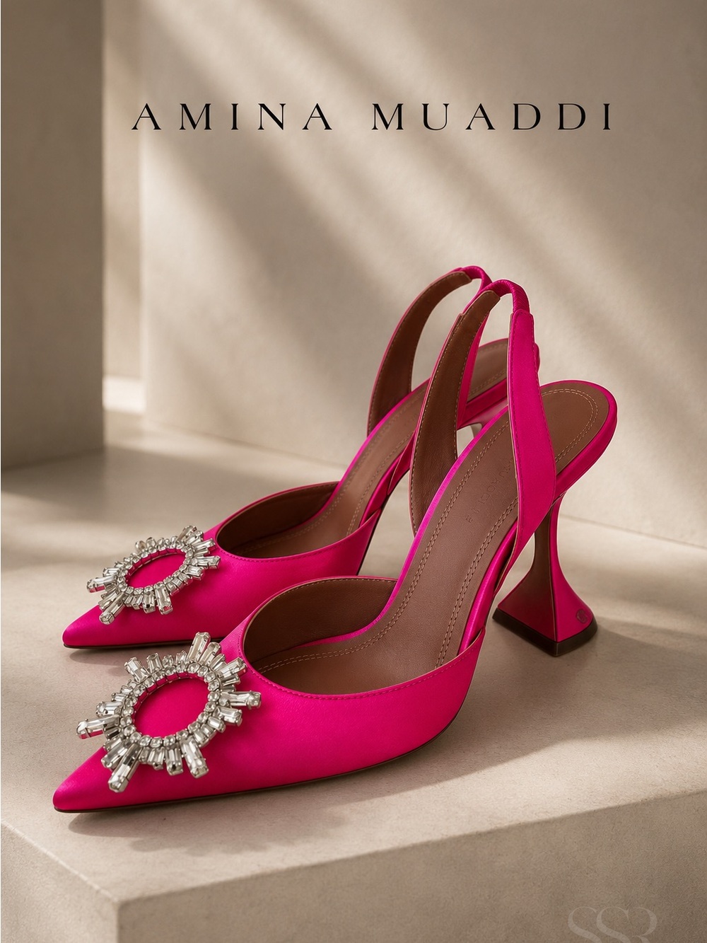 Amina Muaddi Begum Hot Pink Satin Crystal Slingback Pumps EU 39 Italy
